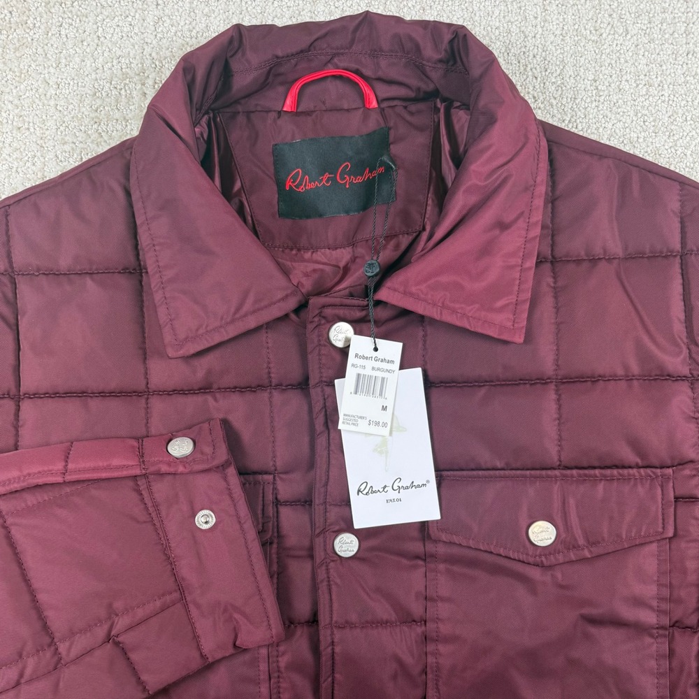 NEW Robert Graham Mens Medium Burgundy Quilted Snap Front Puffer Jacket Shacket